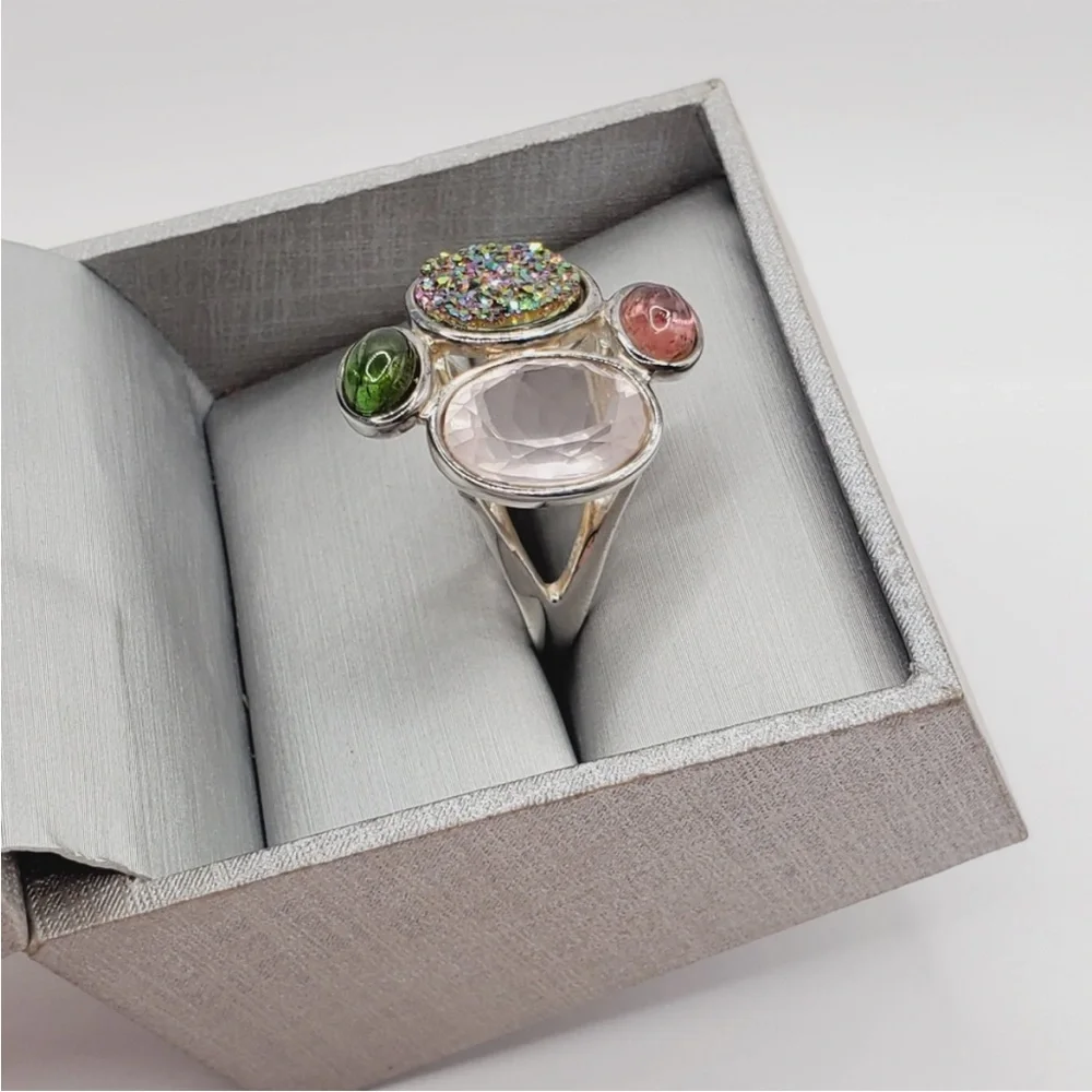 925 Sterling Silver Pink & Green Tourmaline - Pink & Druzy Quartz Statement Ring - Picture 5 of 8